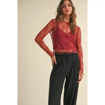 Long Sleeve Lace Fabric with Lining Insert Top - Wine