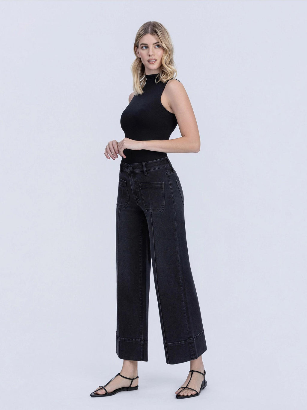 High Rise Patch Pocket Pin Tuck Black Wide Leg Jeans