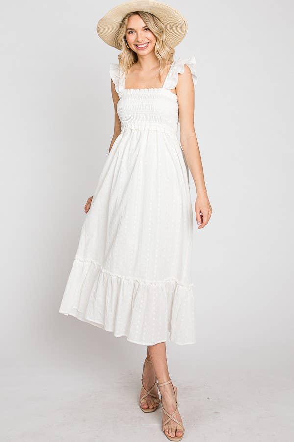 COTTON JACQUARD SMOCKED DRESS - WHITE