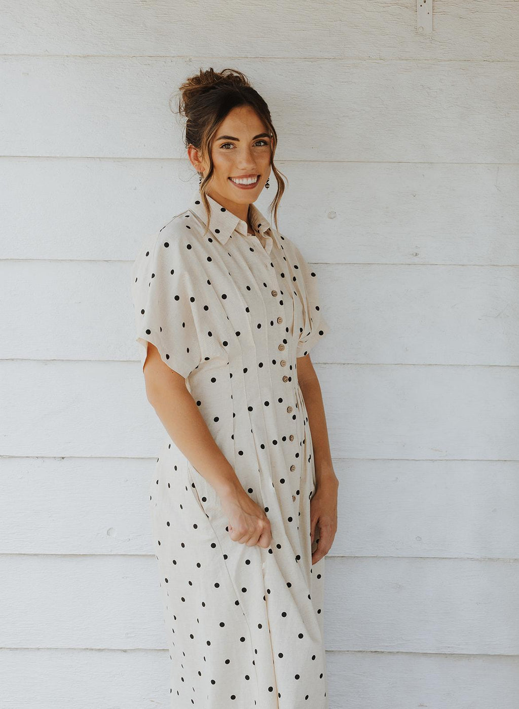 Polkadot Print Short Sleeve Button Front Dress