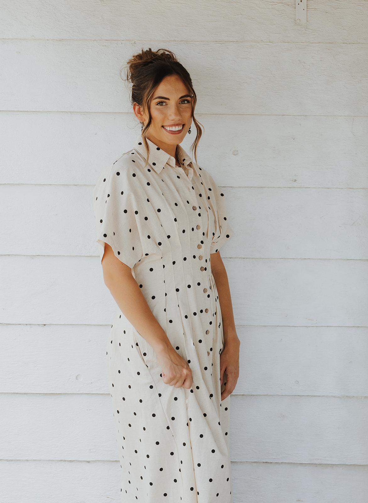 Polkadot Print Short Sleeve Button Front Dress