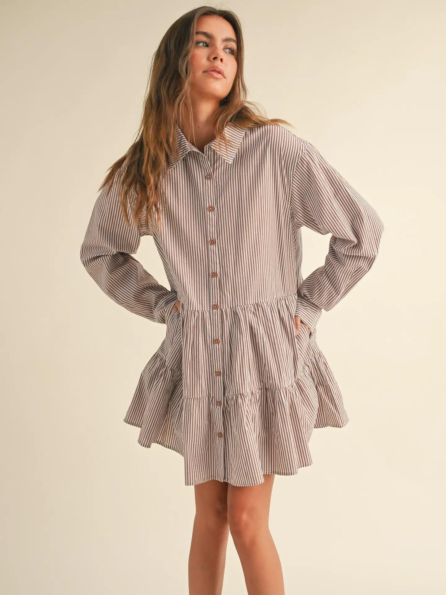Striped Pattern Buttondown Tiered Bottom Dress - Brown