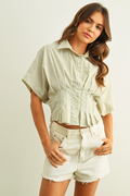 Stripe Button Front Shirts with Pleated Waist Detail - Green