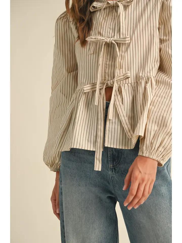 Striped Woven Blouse with Tie Front - Beige/Brown
