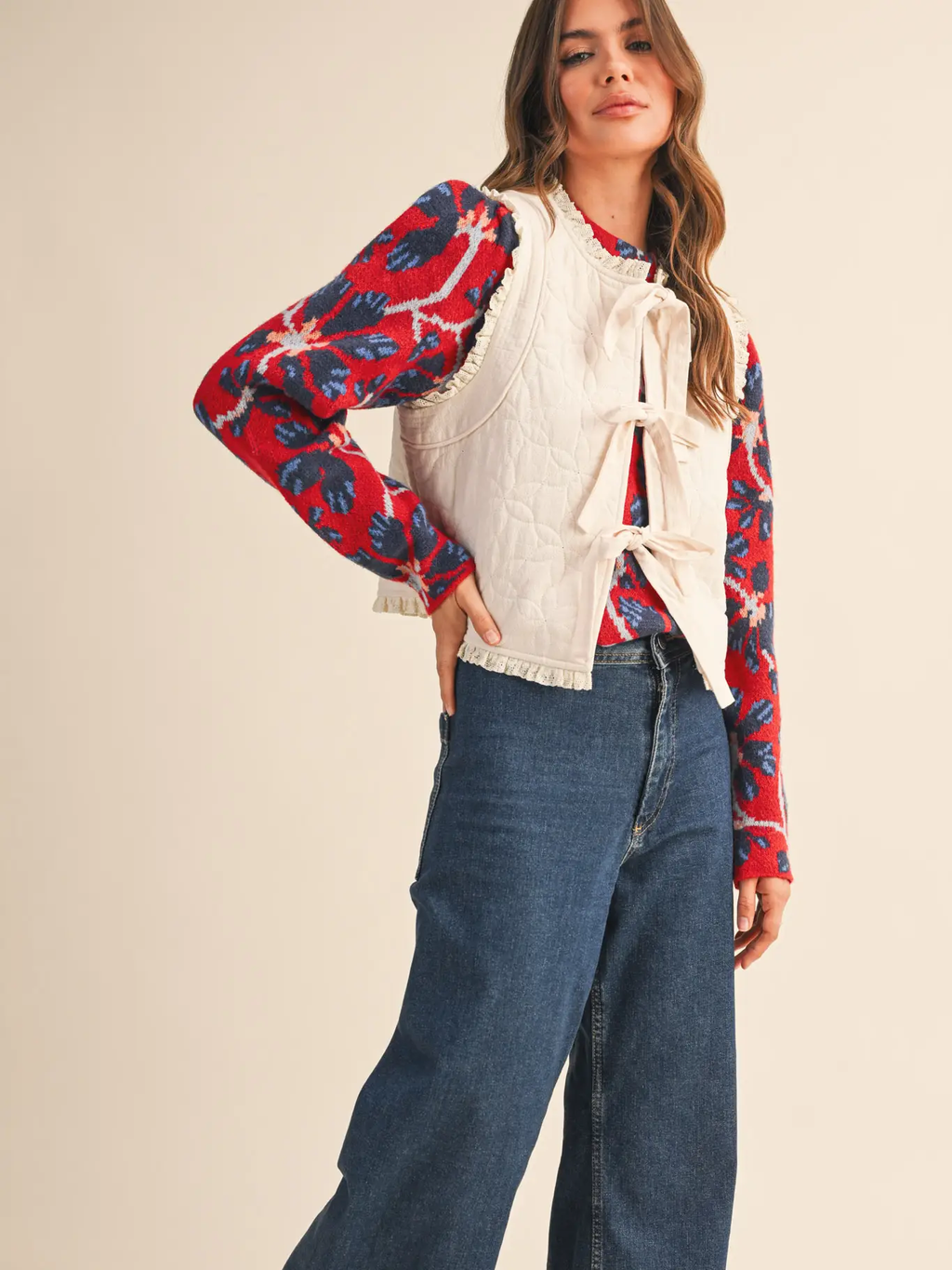 Floral Quilted Lace Trim Bow Tying Vest - Ecru