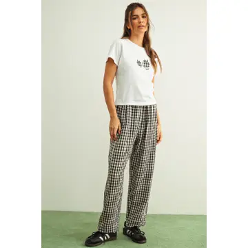 Gingham Pattern Elastic Band Waist Pants - BLACK/WHITE