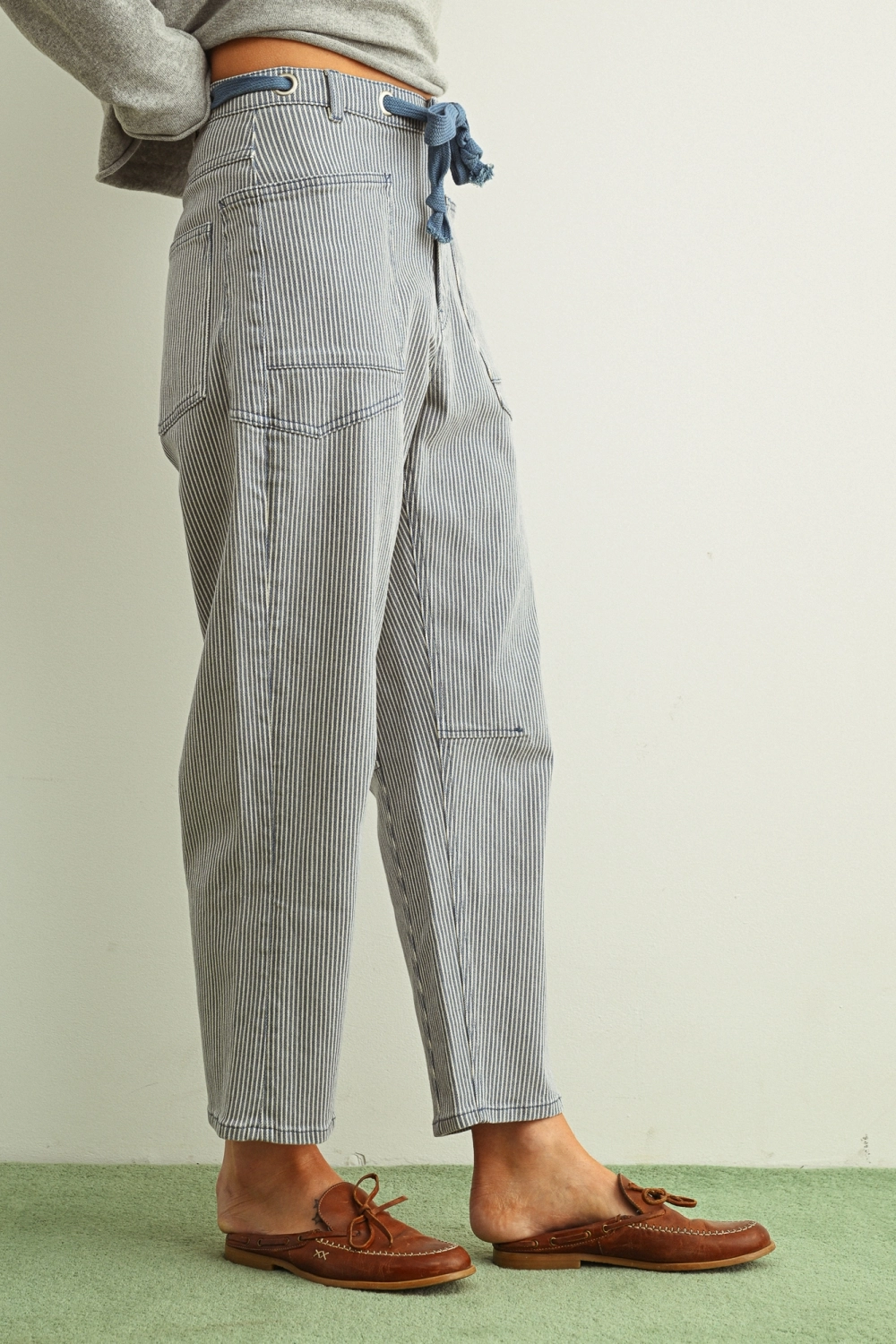 Striped Pattern Washed Barrel Pants with Belt - Blue