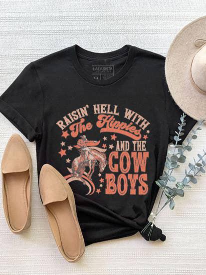 RAISIN HELL WITH THE HIPPIES & THE COWBOYS GRAPHIC TOP - BLACK