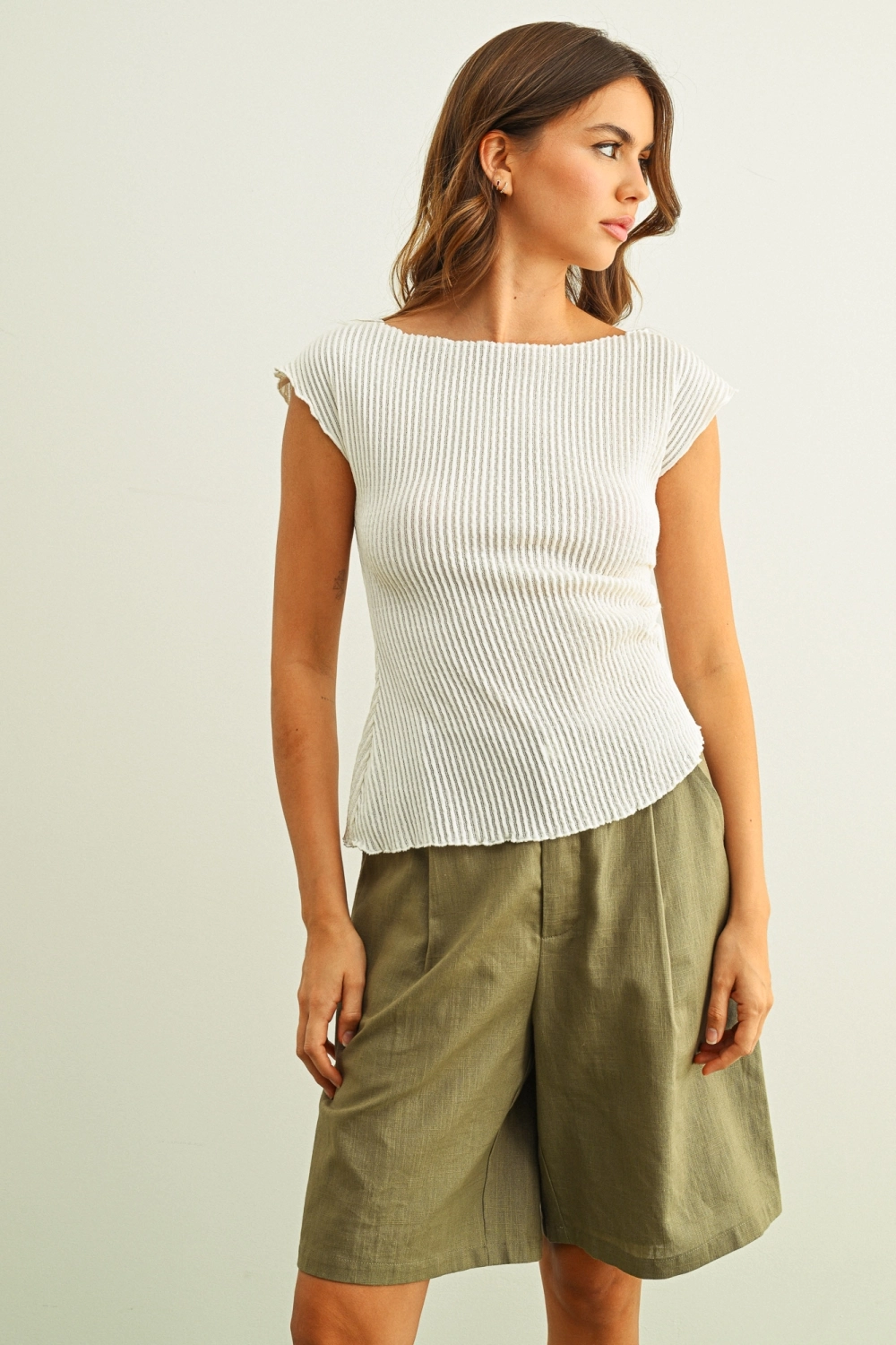 Crinkled Fabric Cap Sleeve Top with Shirring  - Off White