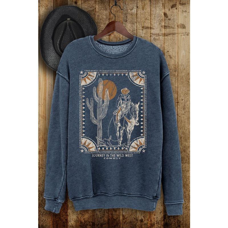 WESTERN COWBOY WASHED LONG SLEEVE BLUE SWEATSHIRT