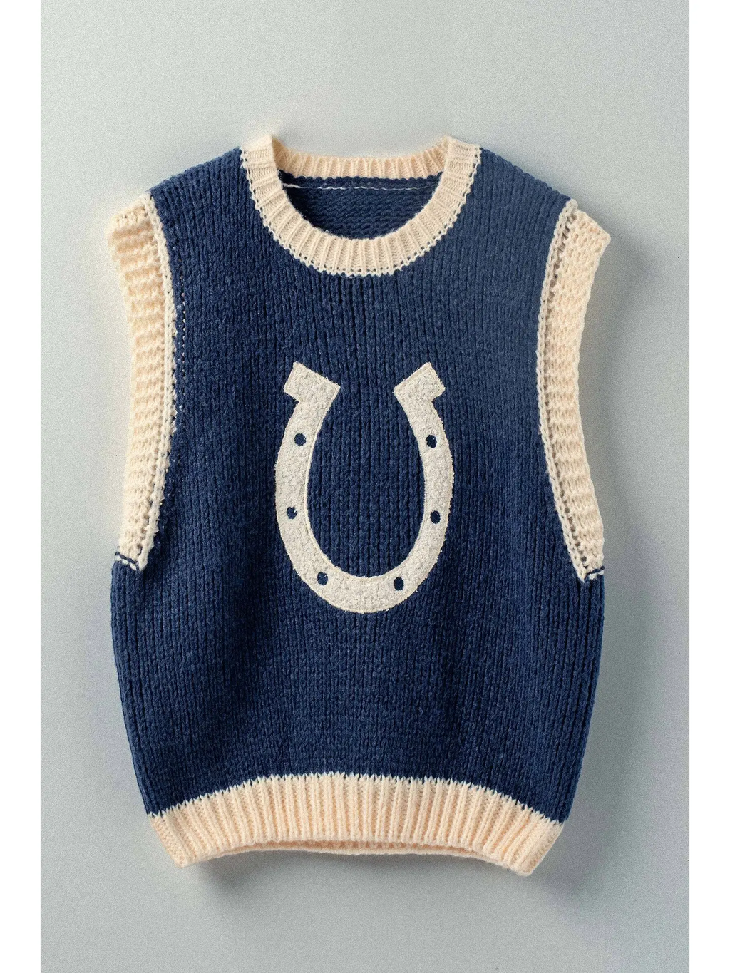 Western Horseshoe Crochet Knit Ribbed Trim Sweater Vest - NAVY