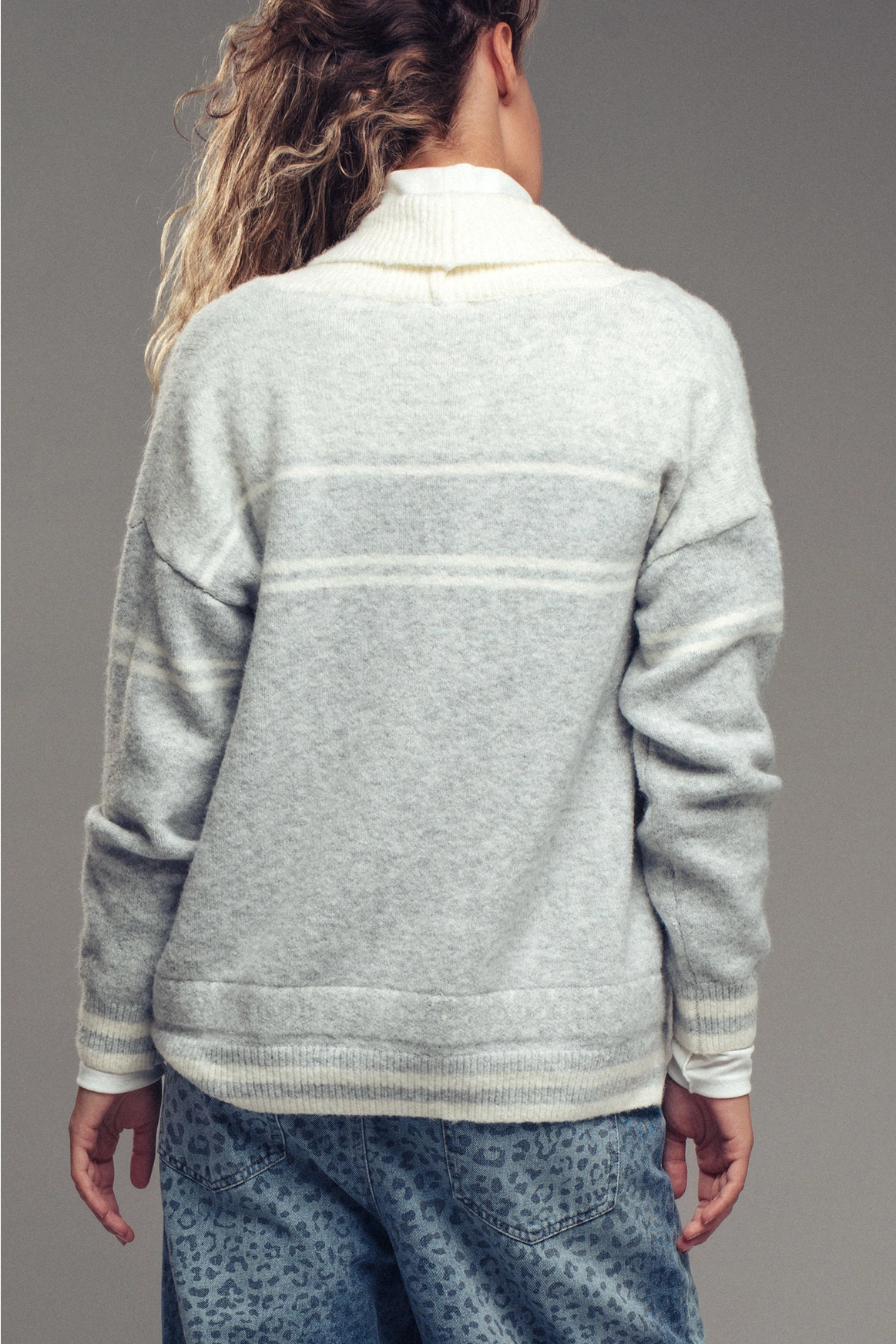 Horse Motif Shawl Collar Cardigan - GREY