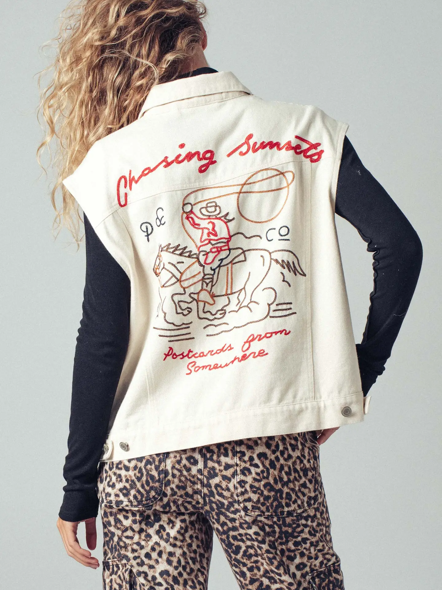 Western Sunset Embroidered Denim Vest - OATMEAL