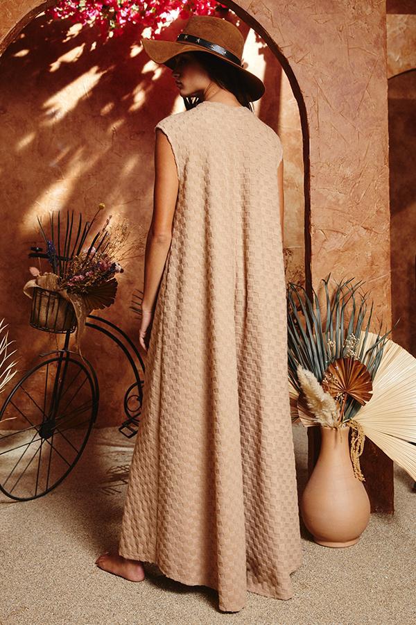 Wide Leg Chess Board Textured Brushed Knit Jumpsuit - TAUPE