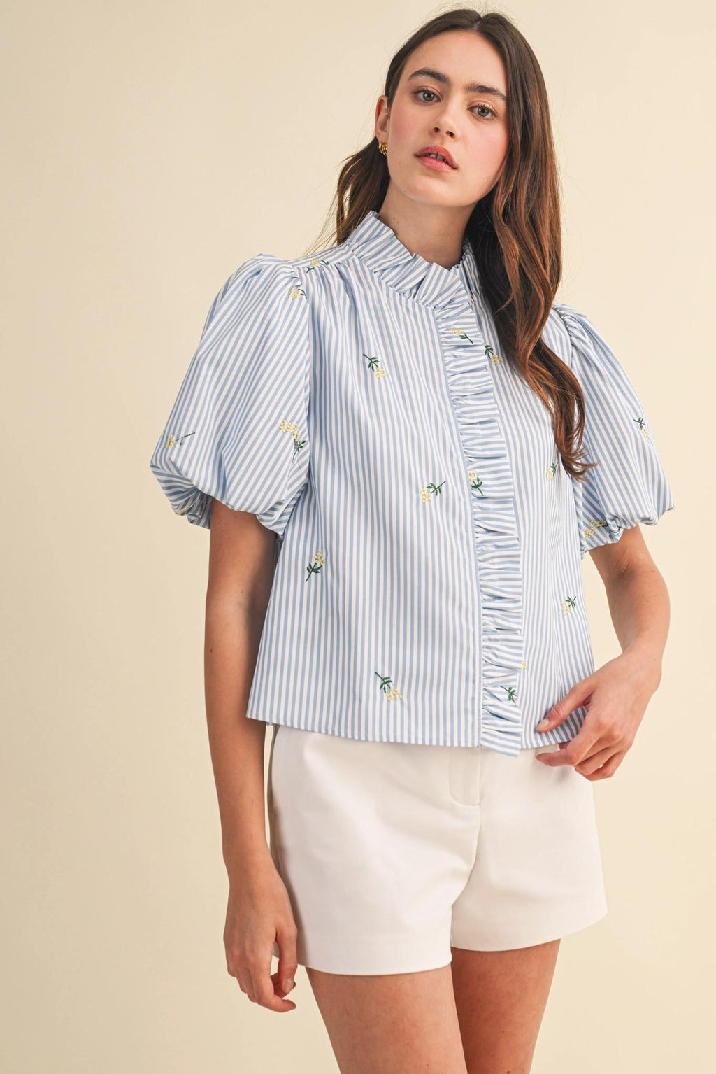 Floral Embroidery Striped Ruffled Button Down Top - Sky Blue Stripe