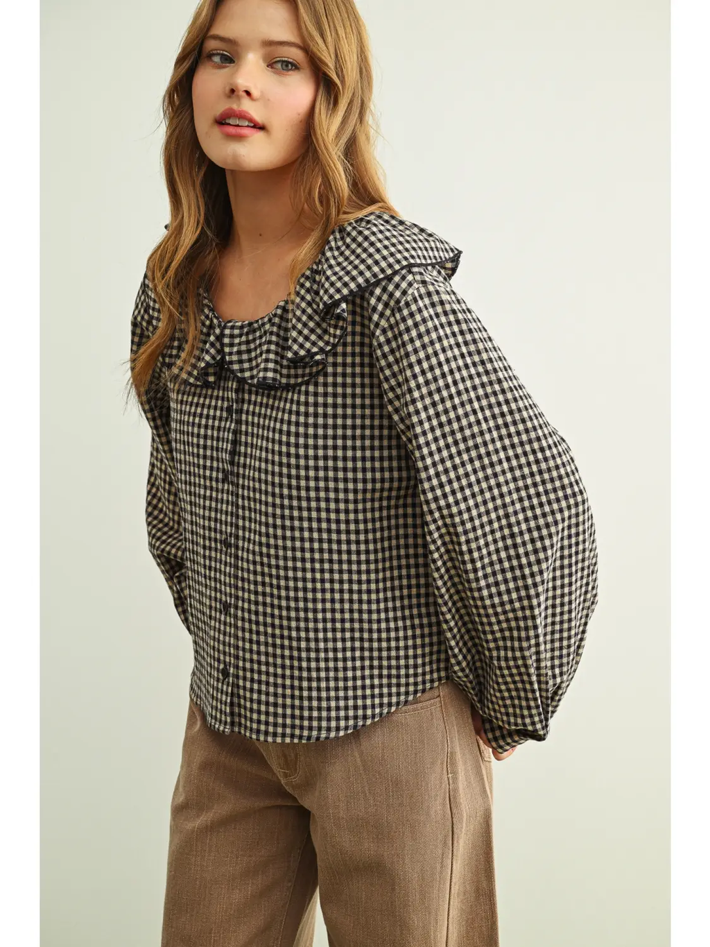 Mini Gingham Ruffled Collar Blouse - NAVY/STONE