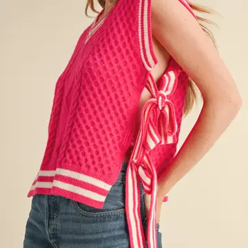 V Neck Side Tying Sweater Vest - FUCHSIA IVORY