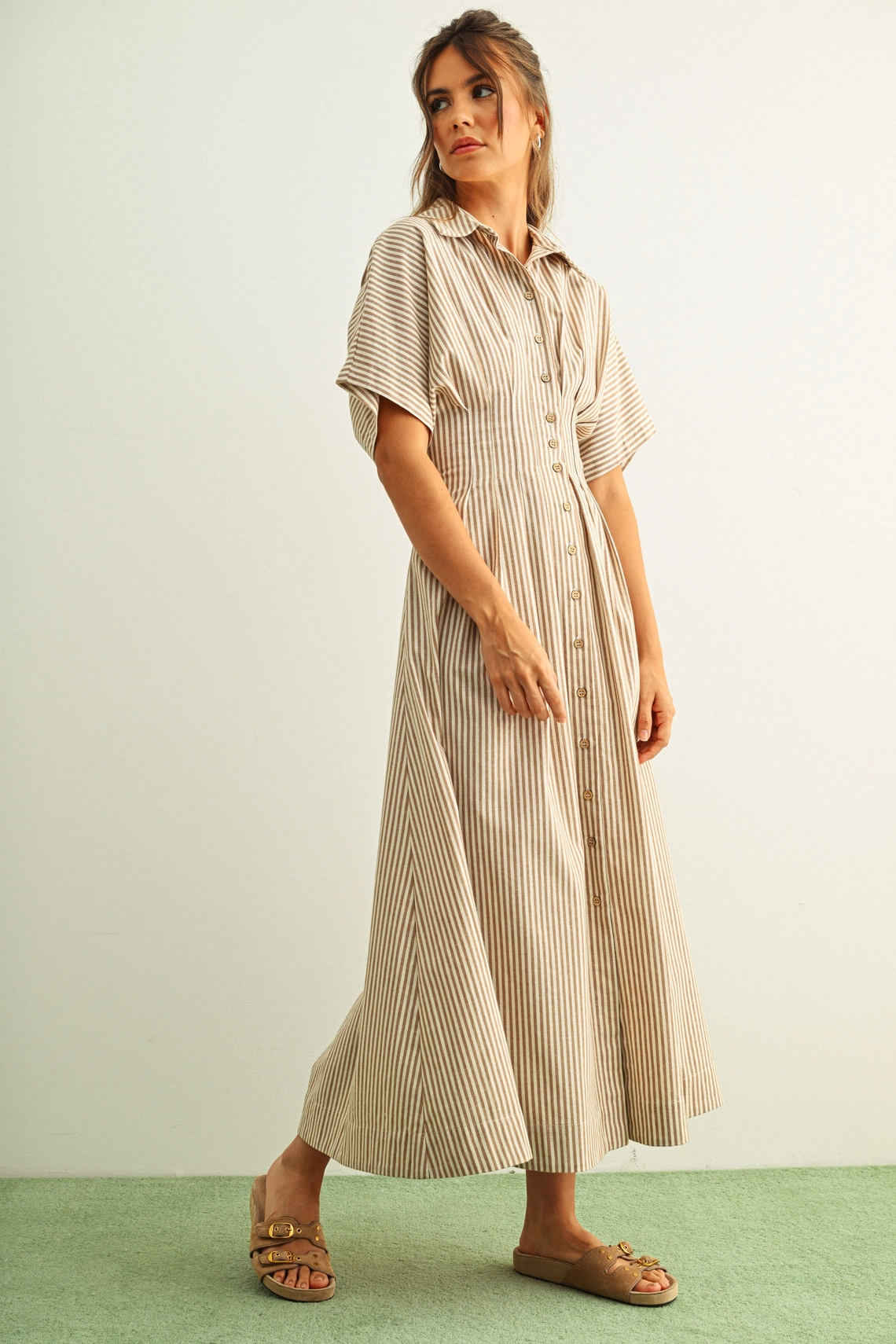 Striped Buttondown Shirt Dress - Brown Stripe
