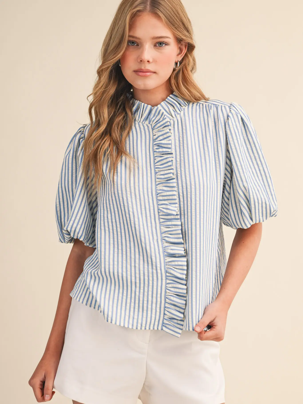Striped Ruffled Button Down Top - AZULE BLUE