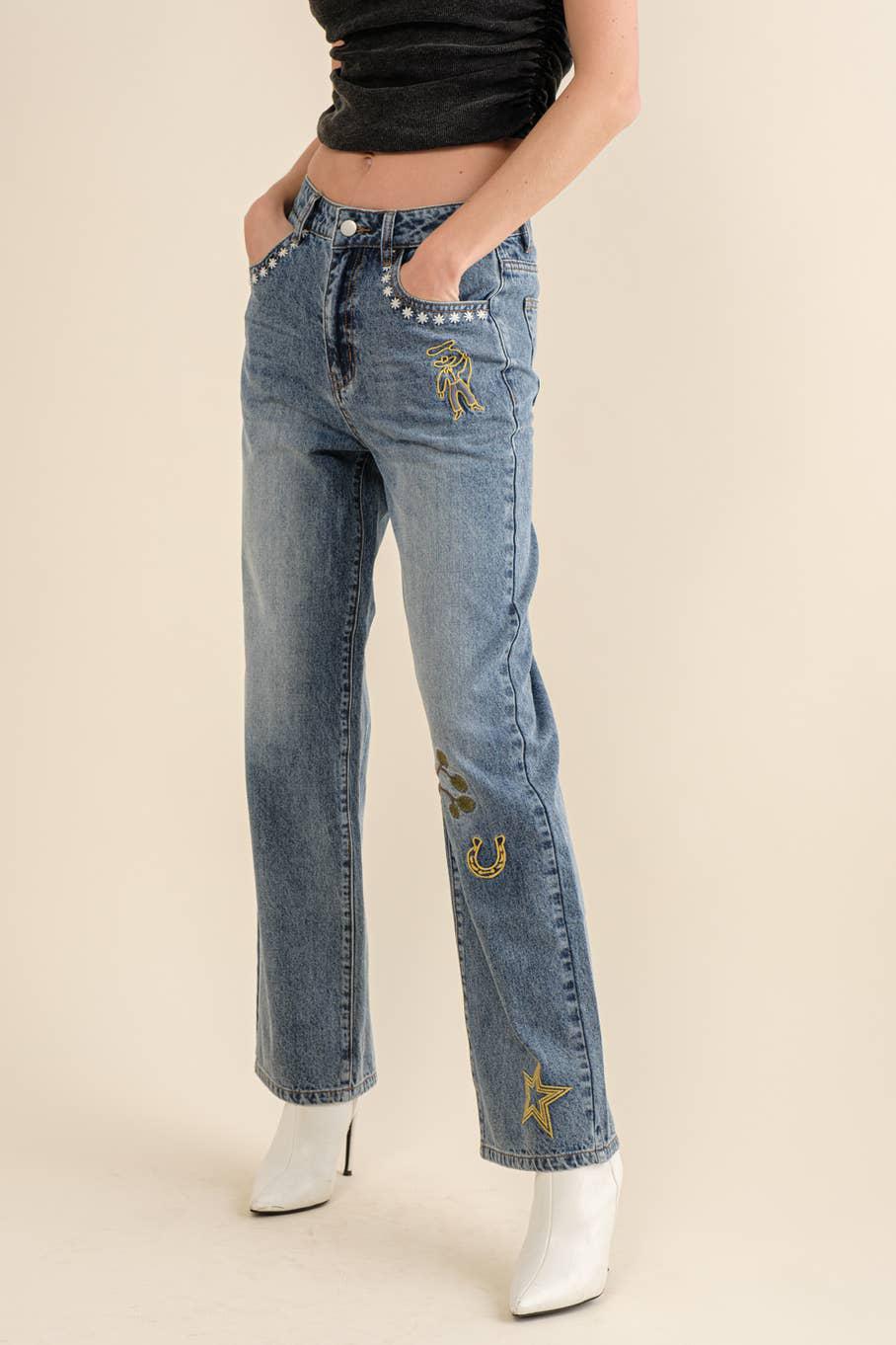 Straight Leg Embroidered Western Denim Jeans