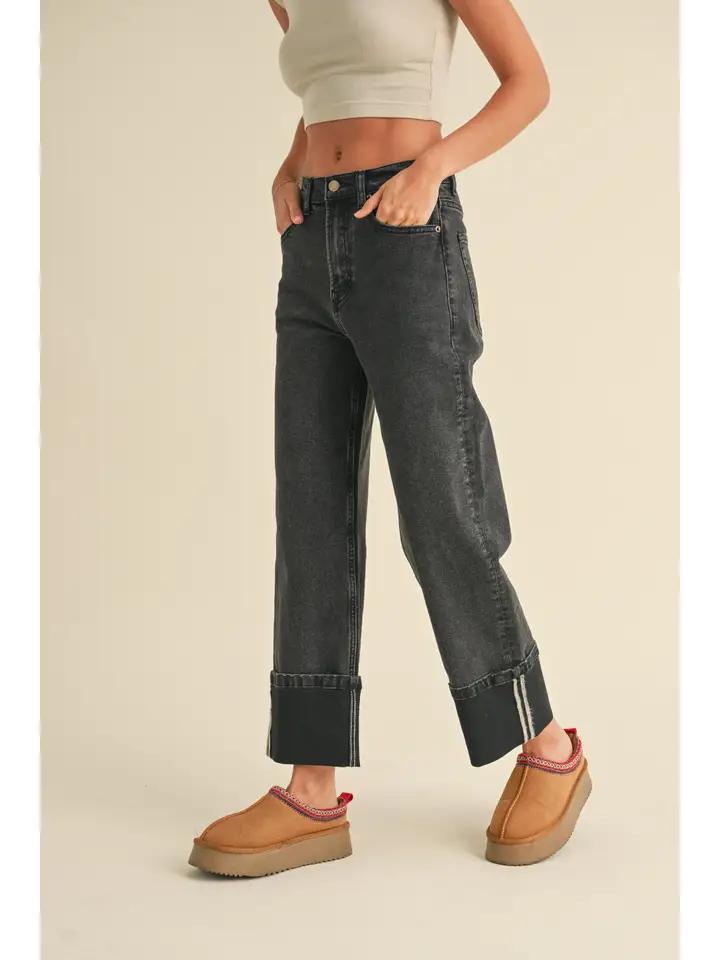 Cuffed Bottom Black Denim Pants