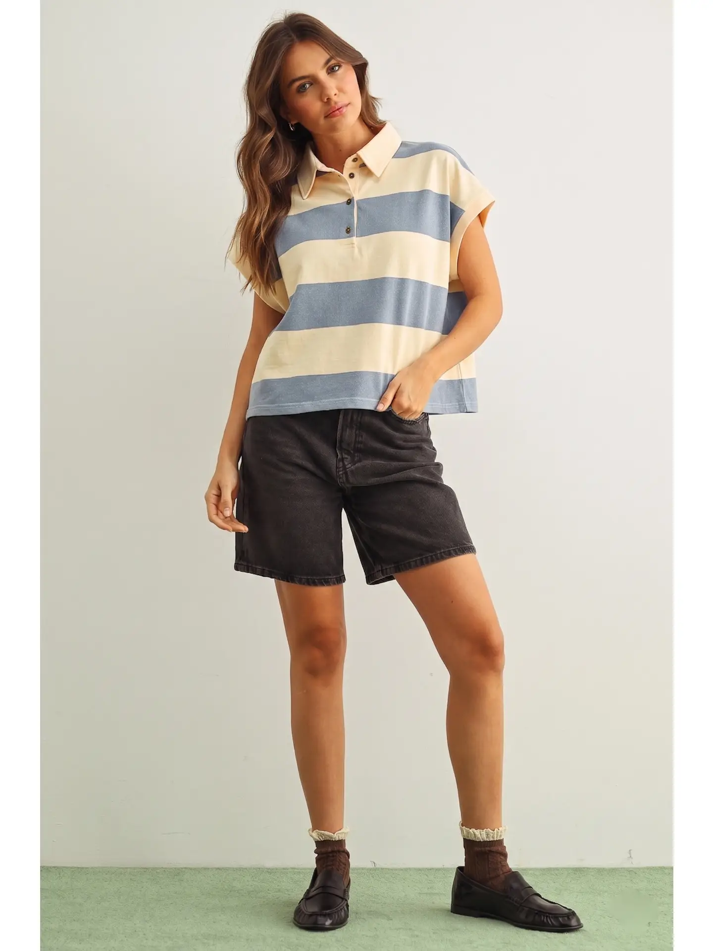 Wide Striped Sslv Polo Shirts - BEIGE/BLUE