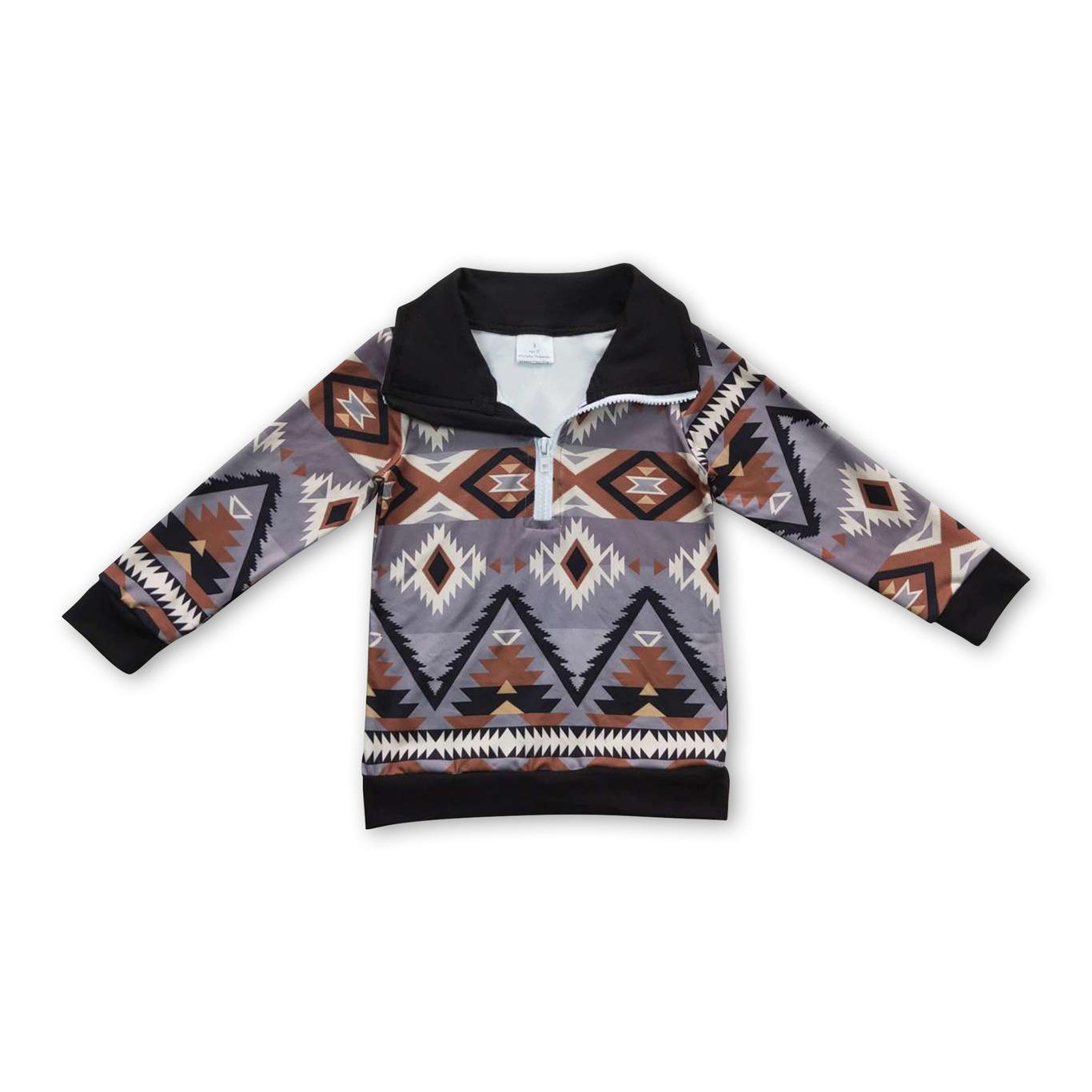 KIDS AZTEC QUARTER ZIP PULLOVER - GREY/BROWN