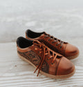 MENS FOOTWEAR AWESOME CASUAL LACE UP SHOE BURNISHED COGNAC LEATHER,  GAMBLER HANDTOOLED INSET