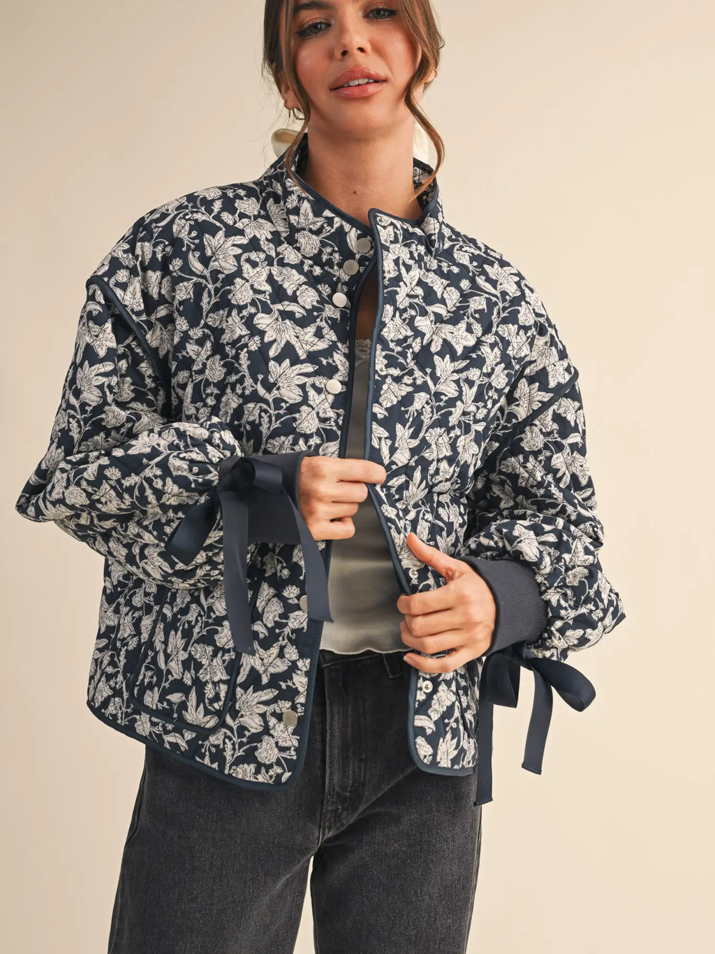 Floral Quilted Jacket with Ribbon Detail MJK3622 - navy floral