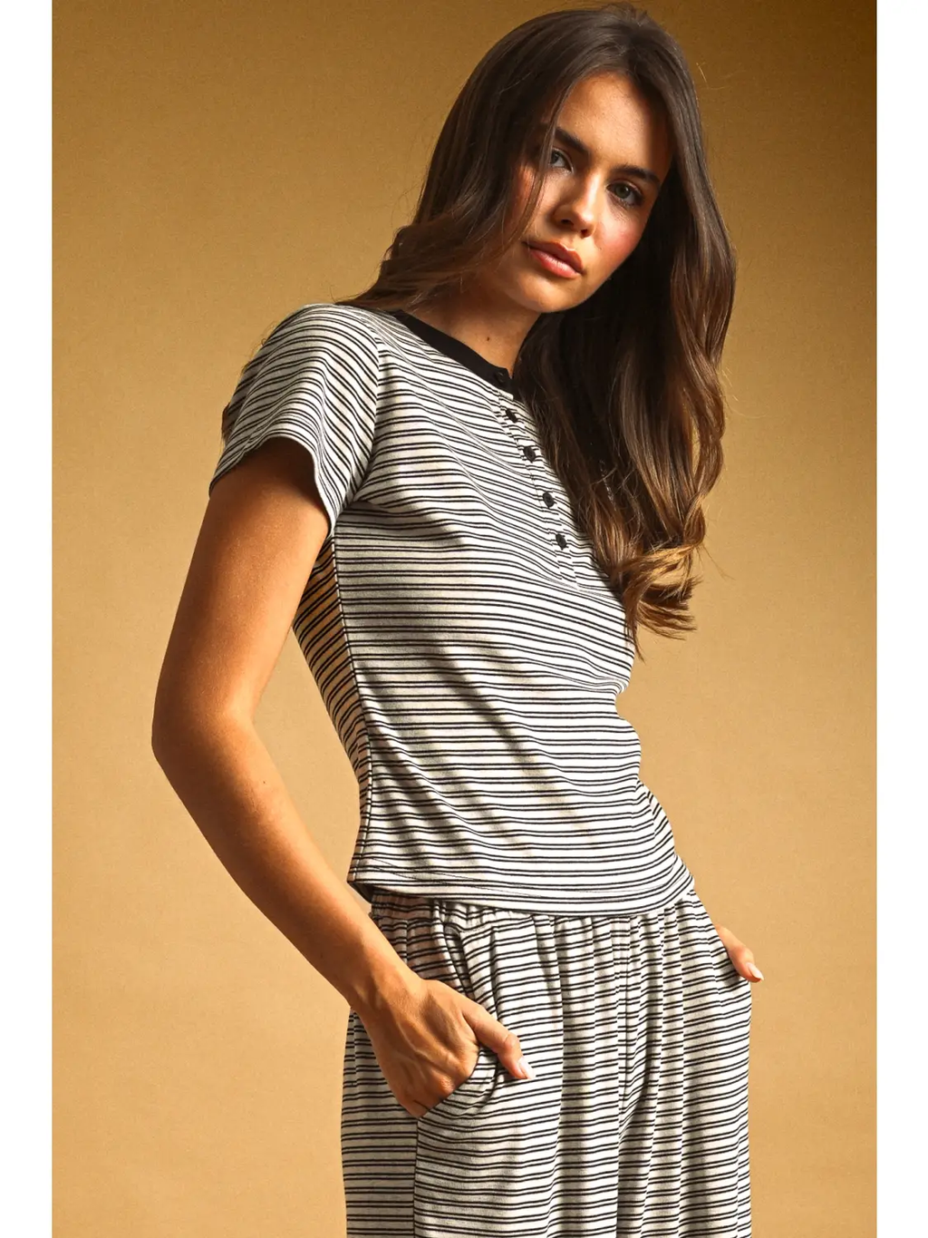 Double Striped Pattern Half Snap Button Top - STONE