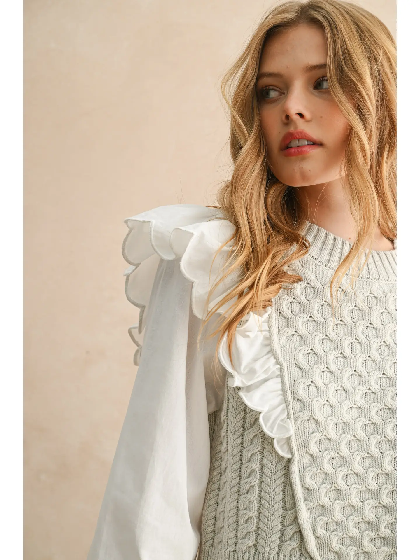 Ruffle Trimmed Long Sleeve Sweater Combo Blouse - Heather Grey