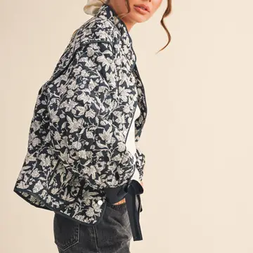 Floral Quilted Jacket with Ribbon Detail MJK3622 - navy floral