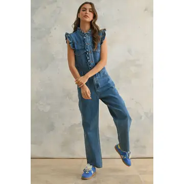 Denim Utility Jumpsuit with Ruffled Detail