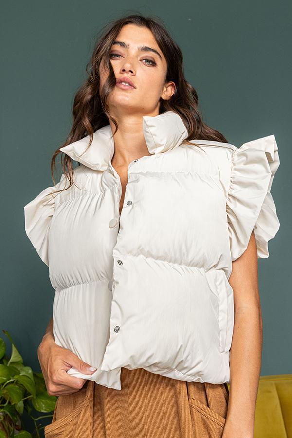 Ruffle Sleeve Crop Down Vest - Cream