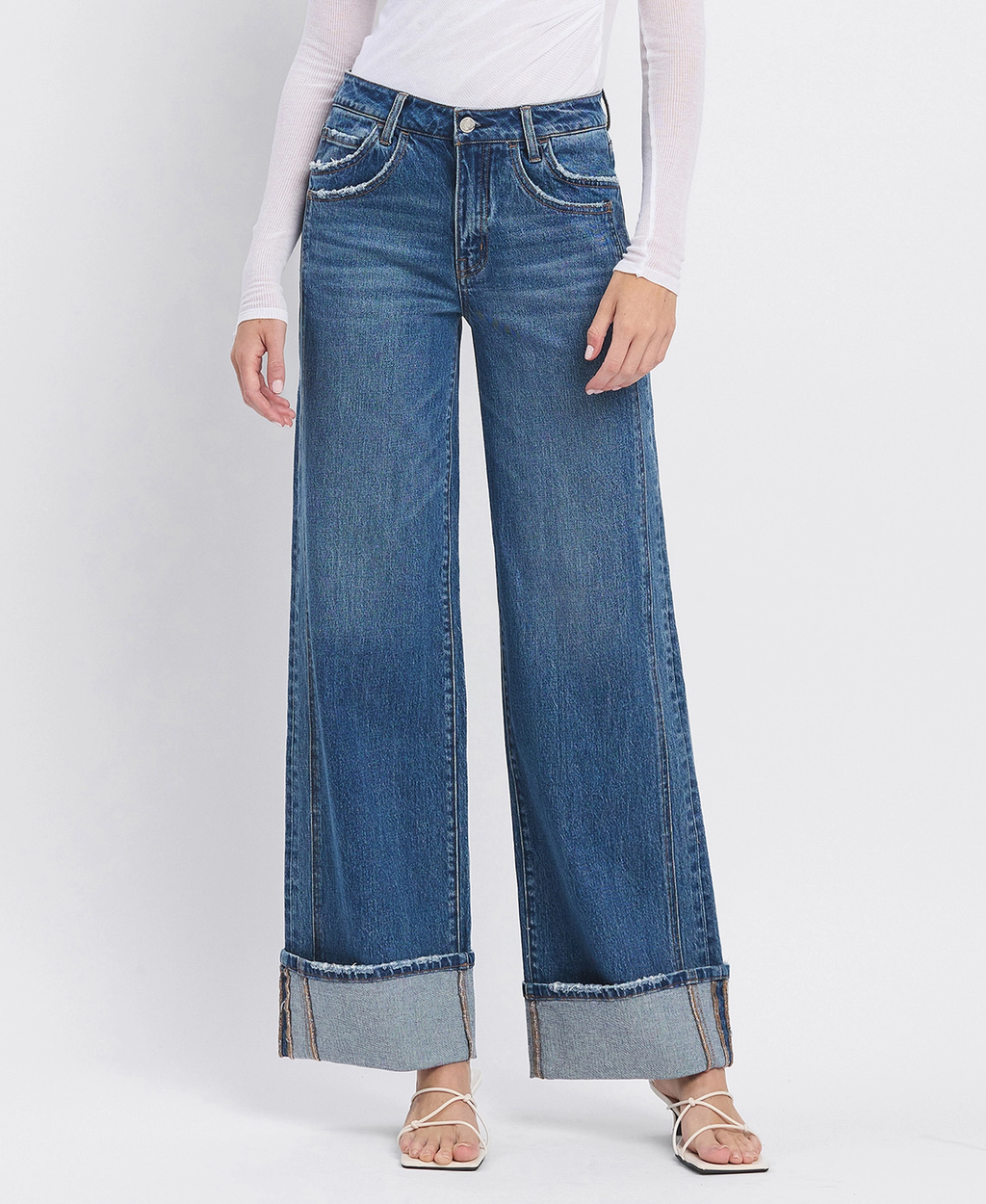 High Rise Cuffed Panel Baggy Wide Jeans - SHINE