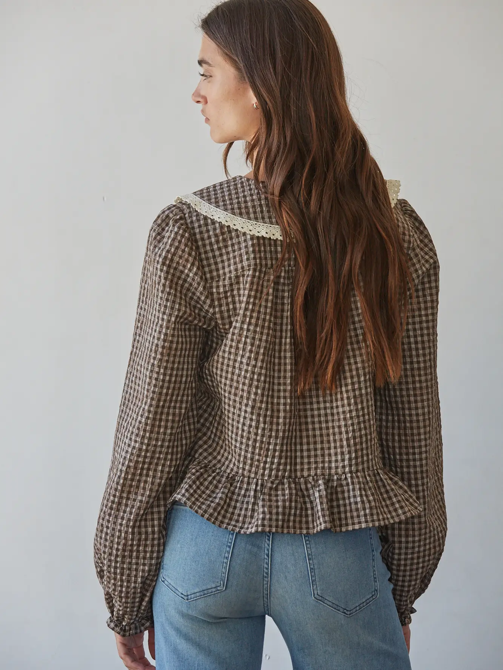 Woven Polyester Cotton Gingham Print Peplum Top