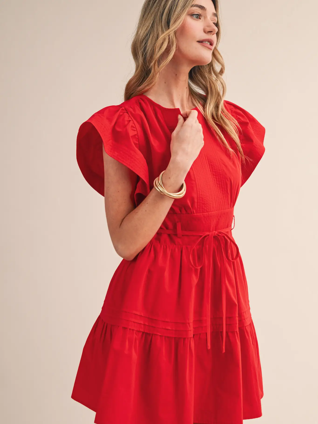 Embroidered Seam Pin Tuck Detail Mini Dress - RED