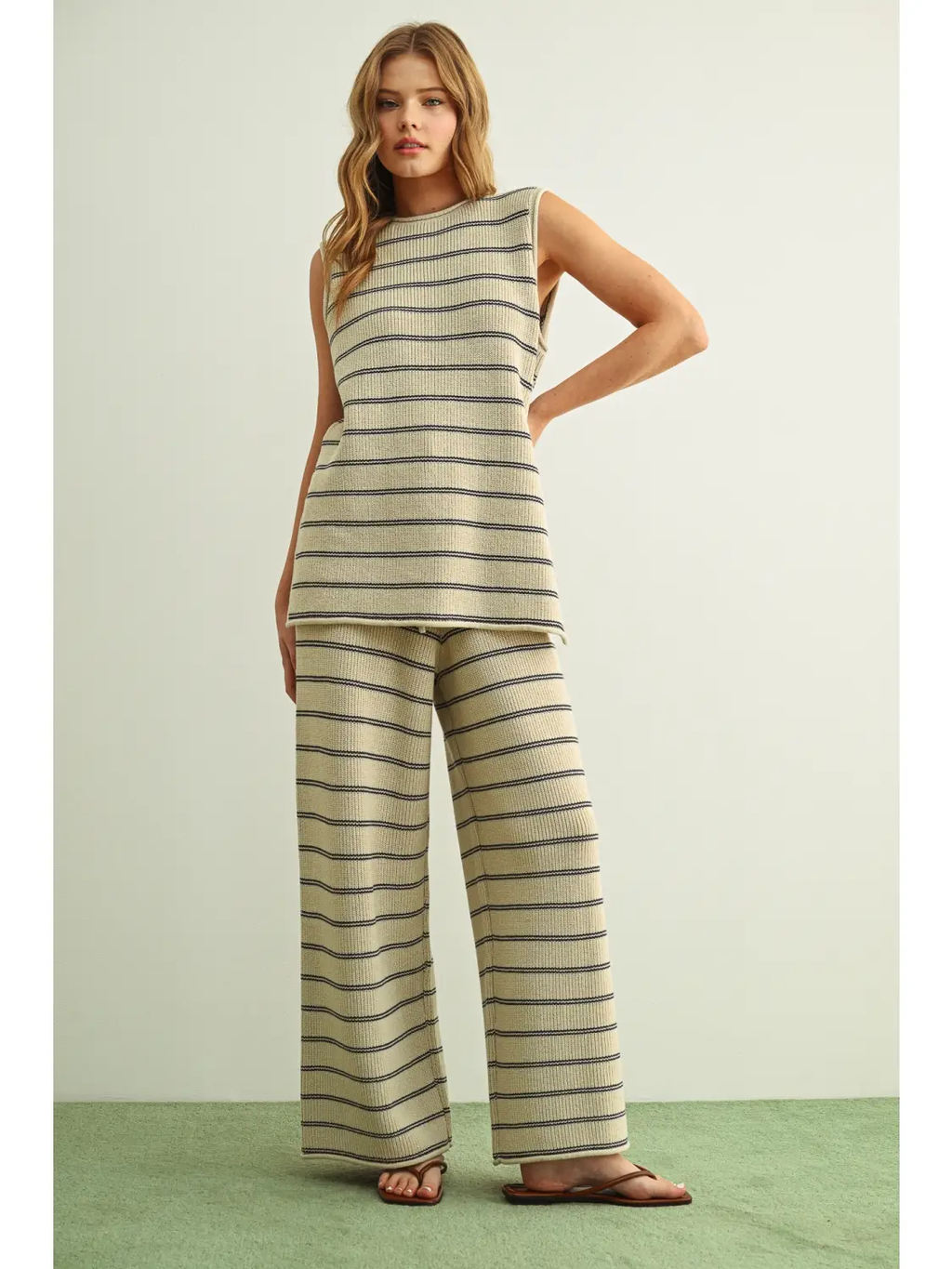 Striped Pattern Knitted Top - STONE/BLUE