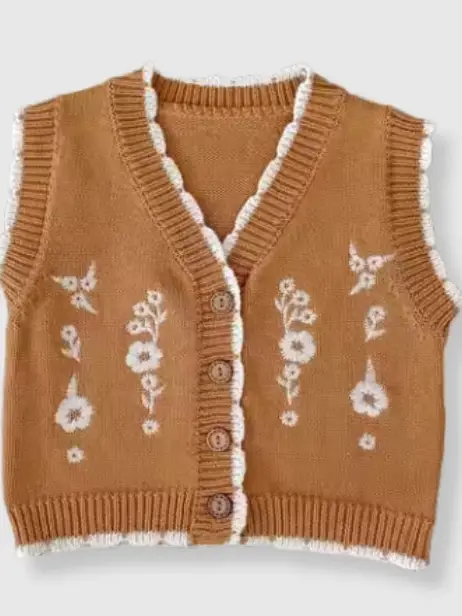 100% Cotton Knit Sweater Vest with Floral Embroidery - Mustard