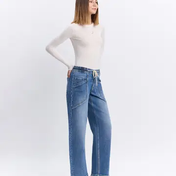 High Rise Elastic Waistband Wide Barrel Jeans - UPSTANDING