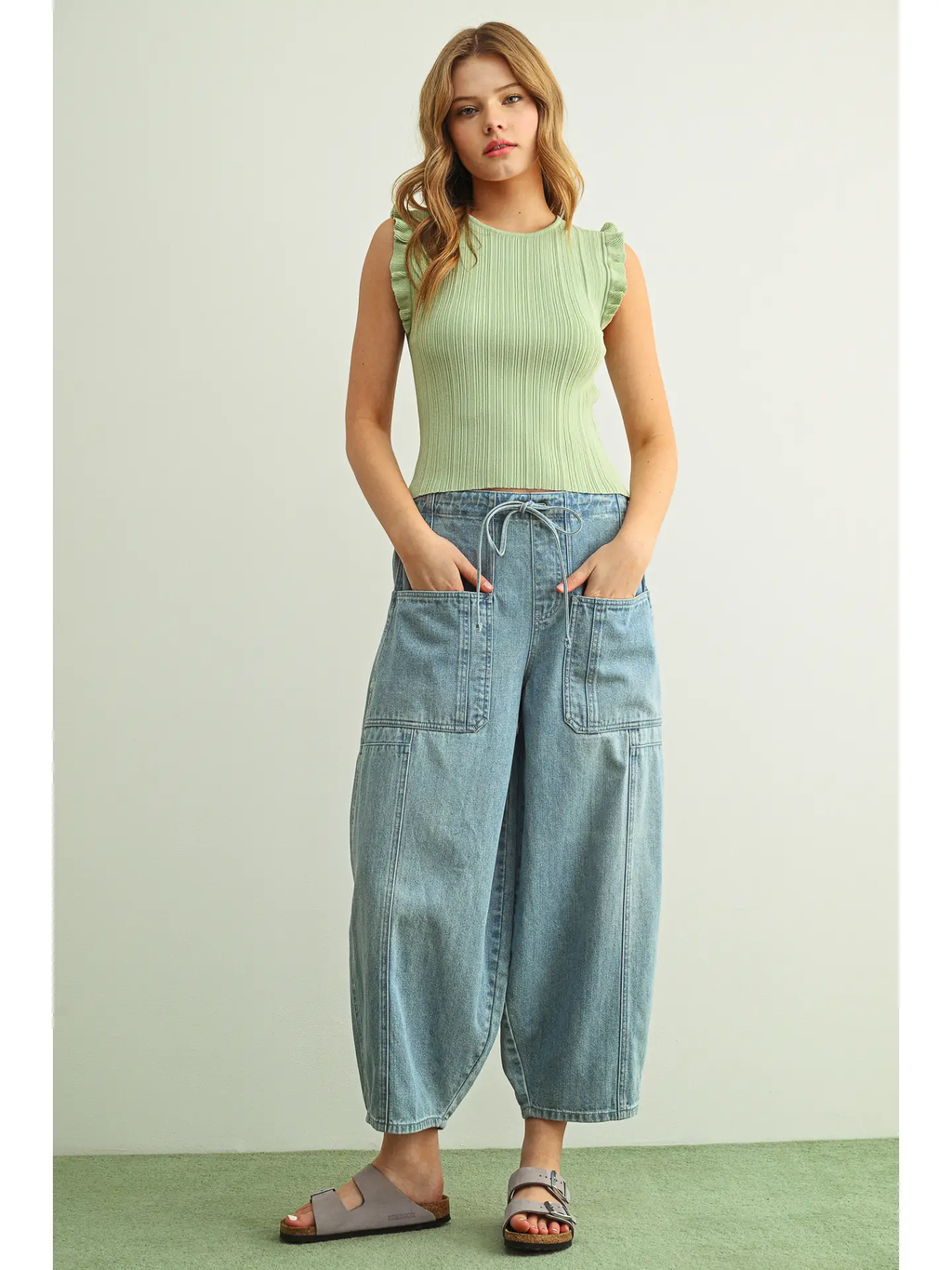 Soft Denim Barrel Pants with Self Belt