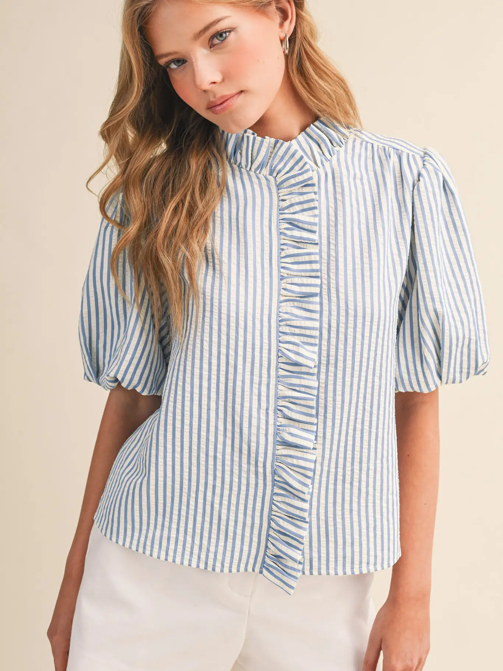 Striped Ruffled Button Down Top - AZULE BLUE