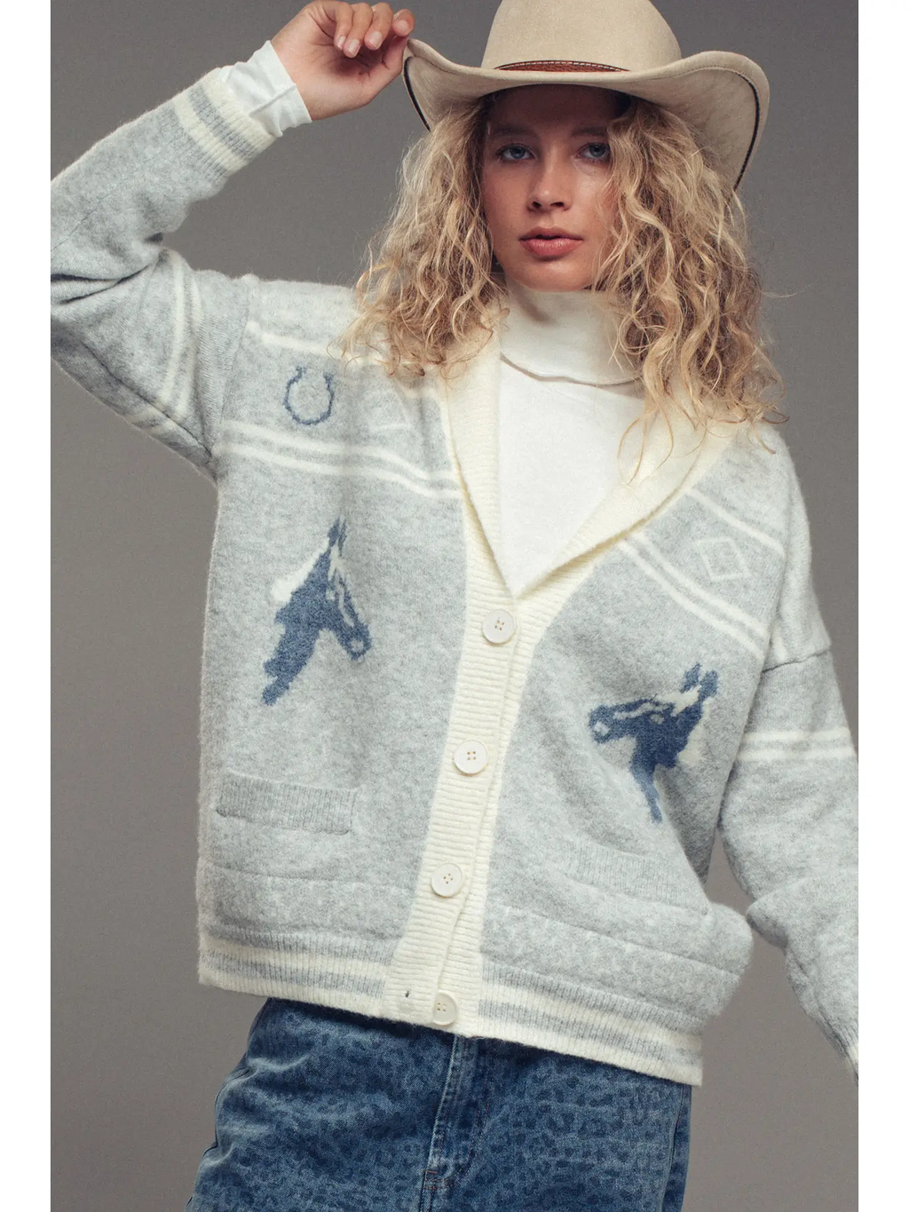 Horse Motif Shawl Collar Cardigan - GREY