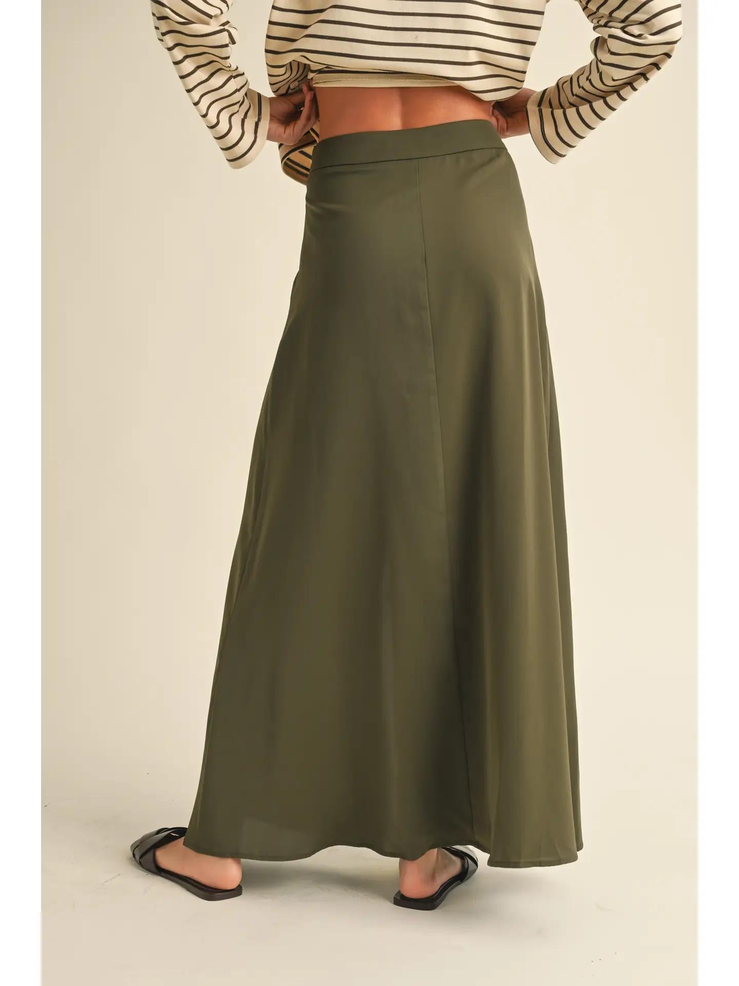 BUTTON DETAIL SATIN SKIRT - OLIVE