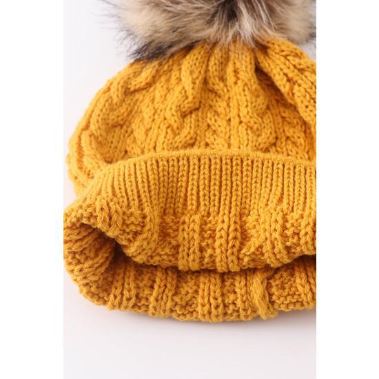 MUSTARD CABLE KNIT POM POM BEANIE
