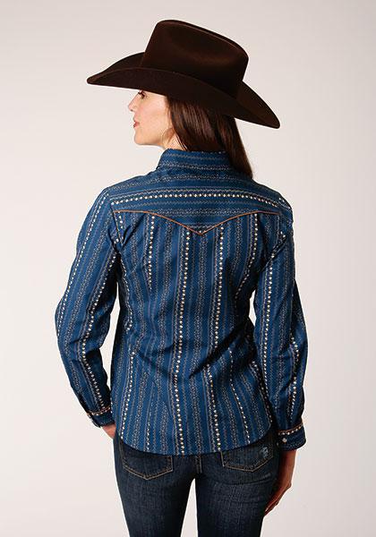 ROPER WOMEN'S L/S SHIRT SNAP RETRO PIPED FANCY YOKE 1724 NAVY/KHAKI FLORAL WALLPAPER PRT