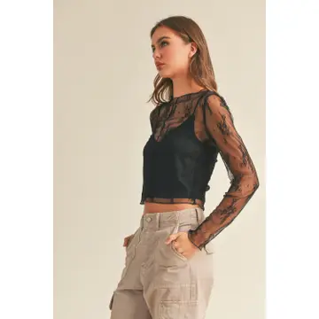Long Sleeve Lace Fabric with Lining Insert Top - Black