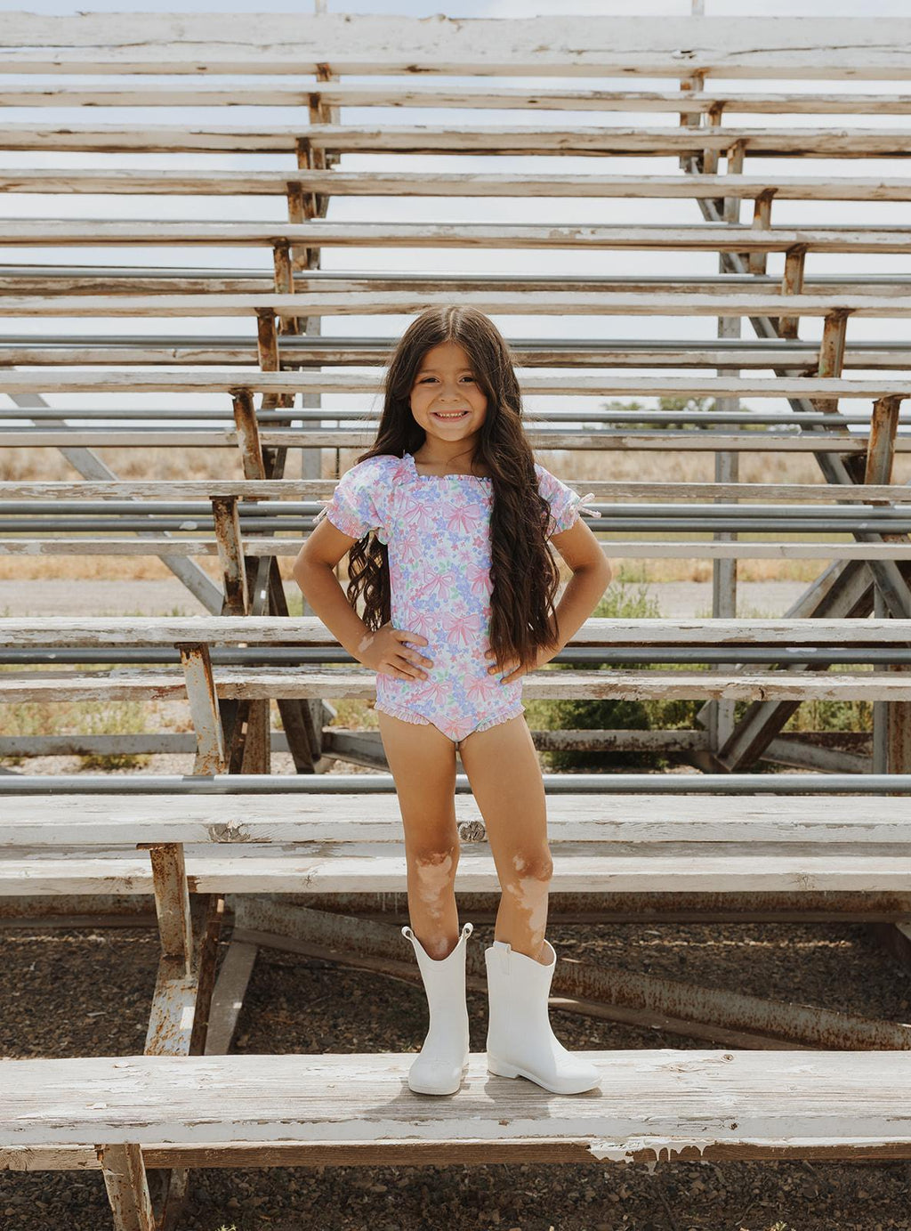 Girls Bow Blooms Puff Sleeve One Piece Swimsuit
