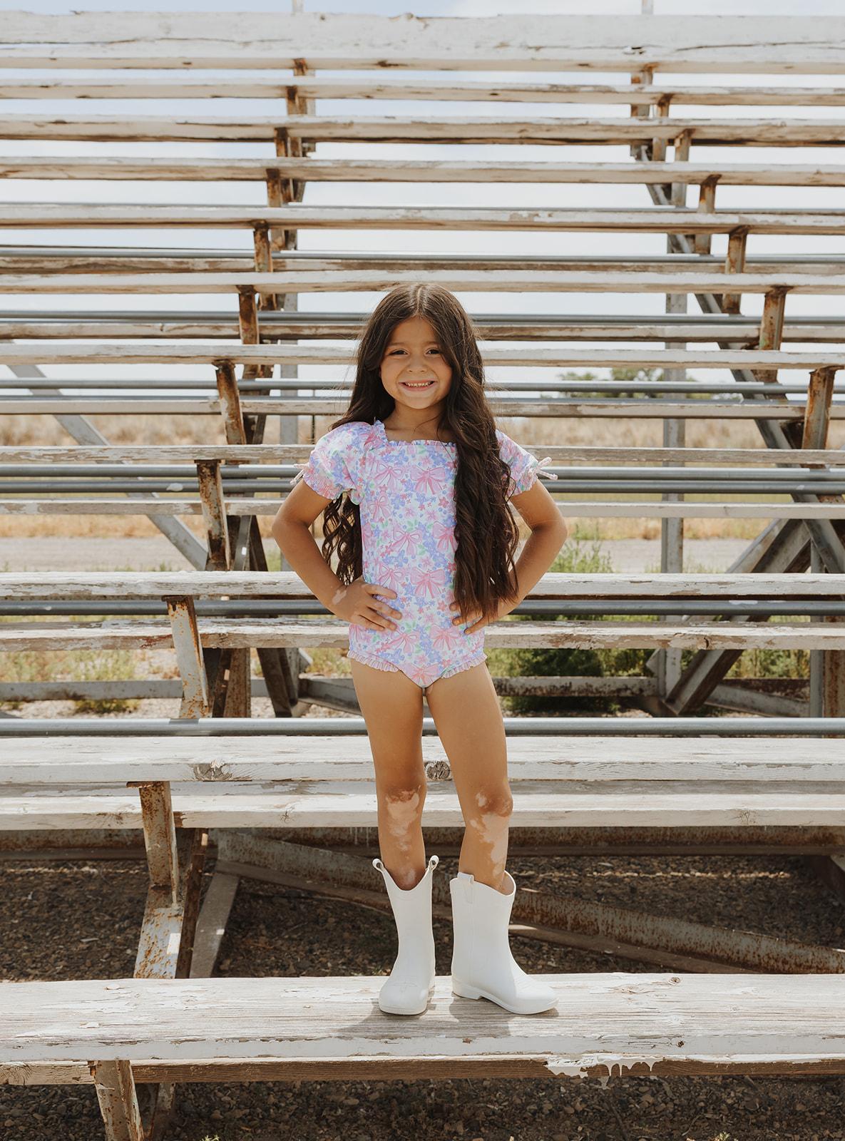 Girls Bow Blooms Puff Sleeve One Piece Swimsuit