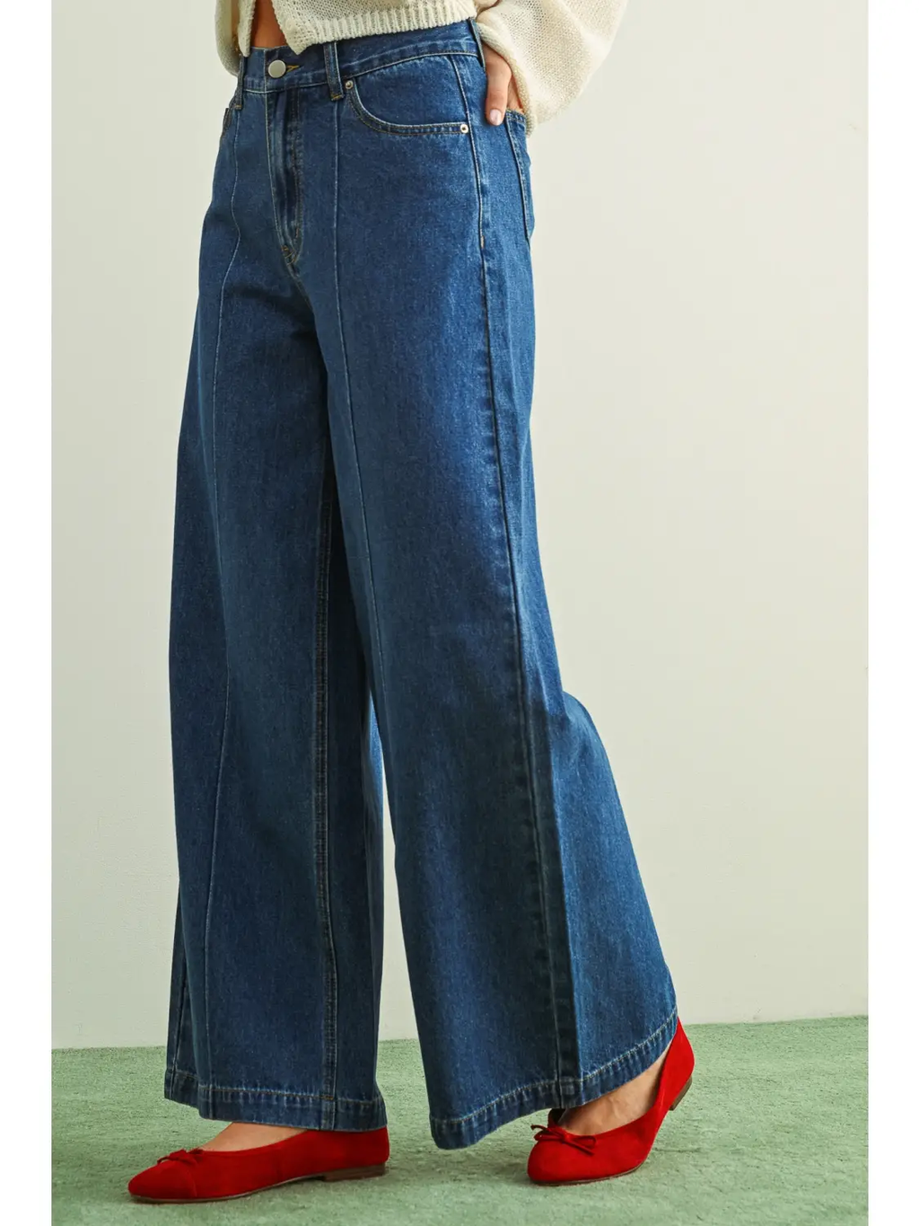 Wide Leg Denim Pants with Front Detail